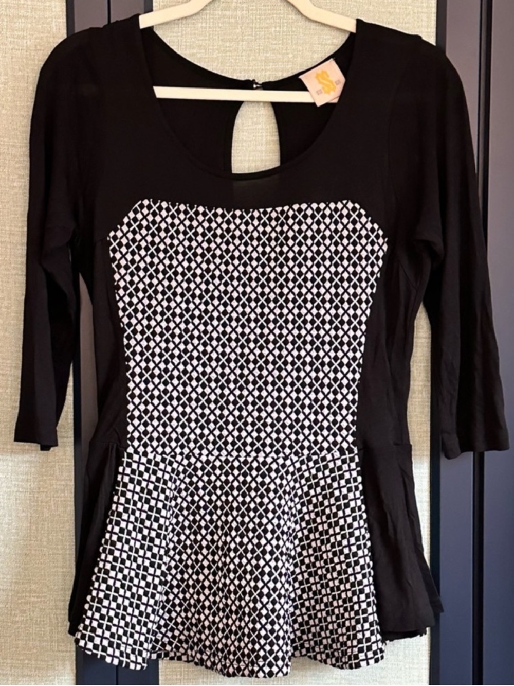 ModCloth 818 Brand Black + White Peplum 3/4 Sleeve Contrast Fabric Top, Size L